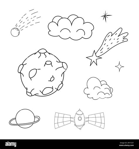 Set Planets Space Elements Stars Meteorite In Doodle Style Galaxy Icons Simple Design