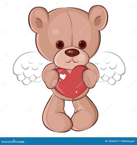 Angel Teddy Bear In Love For Valentine`s Day With Heart Children`s