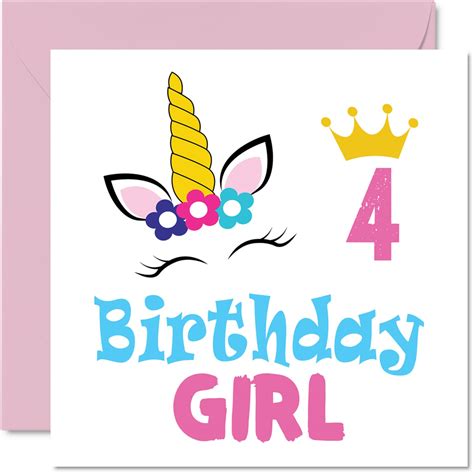 Buy 4th Birthday Card Girl Unicorn Birthday Card Happy Birthday Card 4 Year Old Girl Girls