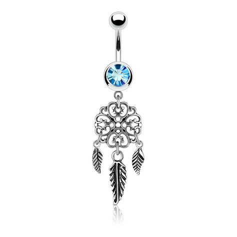 14g dream catcher filigree dangle belly ring with blue cz gem etsy belly button piercing