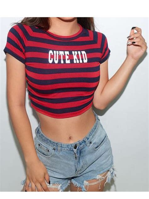 Red Striped Cropped T Shirt For Teenage Girls Cute Kid Crop Tops Short
