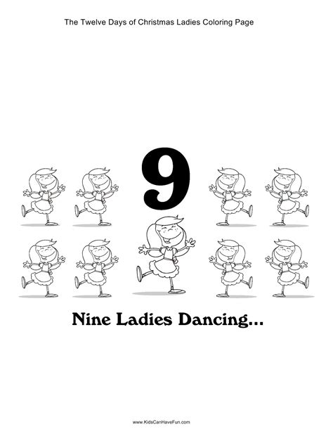 9 ladies dancing printable coloring page, free to download and print. 12 Days of Christmas nine ladies dancing coloring page # ...