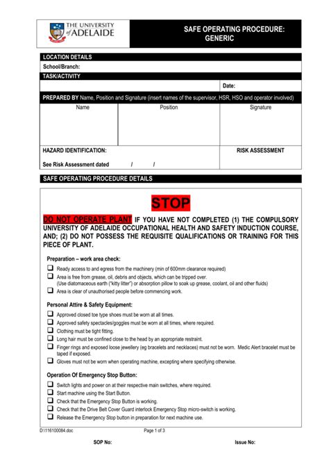 Safe Work Procedure Template Free Printable Templates