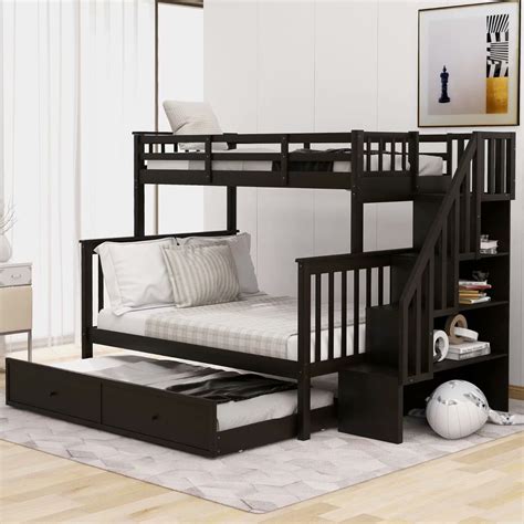 Twin Over Full Size Bunk Beds With Trundle Solid Wood Bunk Bed Frame