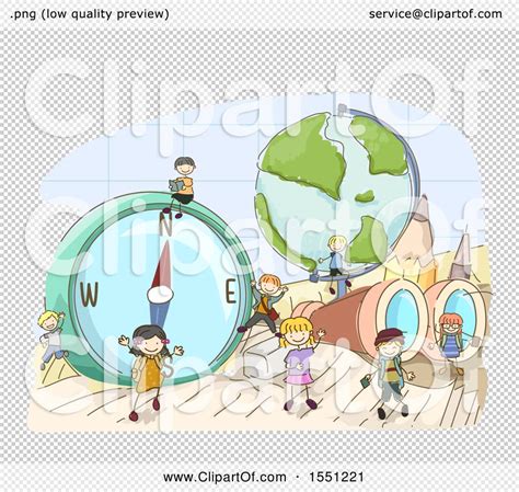 Clipart Of A Group Of Children With Giant Geography Elements Royalty