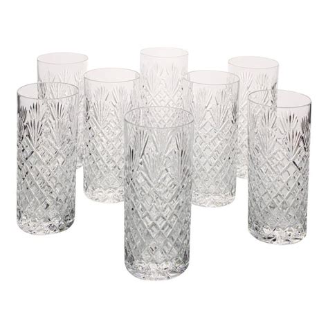 Vintage Lead Crystal Diamond Cut Glass High Ball Long Drink Cocktail Glasses Set Of 8 Pieces
