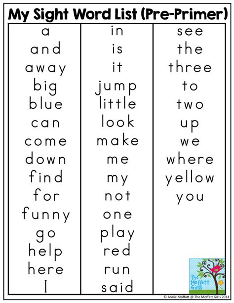 Free Dolch Sight Words Preprimer Word Lists For Teach