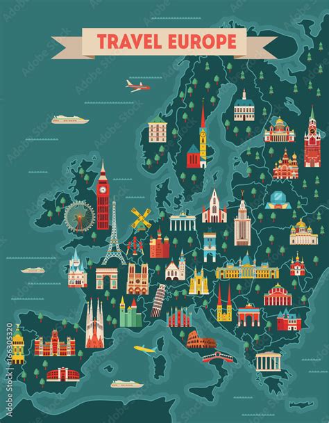 Europe Travel Map Poster Travel And Tourism Background Vector