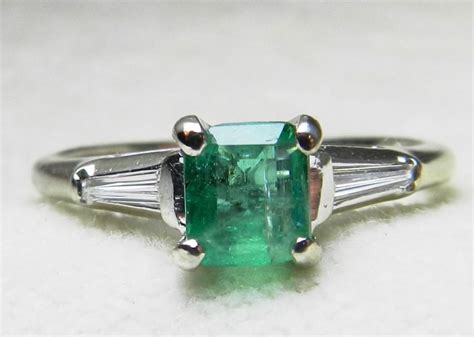 Emerald Engagement Ring 14k White Gold Vintage Columbian Emerald Ring
