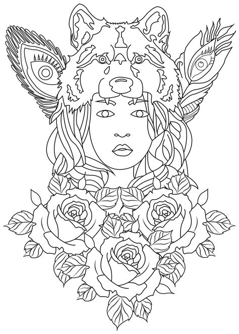 Wolf Girl With Roses Coloring Page Download Print Or Color Online