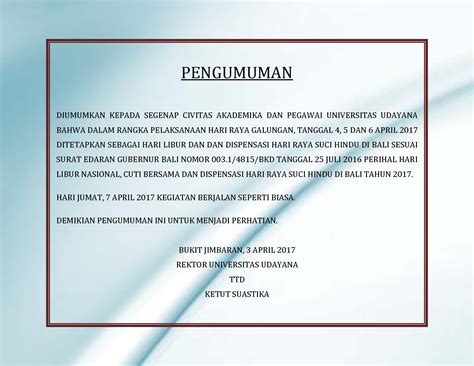 Hari raya aidiladha atau hari raya haji ataupun hari raya korban merupakan perayaan yang akan. PENGUMUMAN LIBUR HARI RAYA GALUNGAN - UNUD | Universitas ...