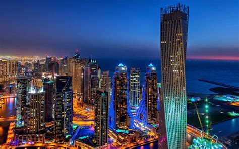 Dubai City Evening Lights Buildings Skyscrapers