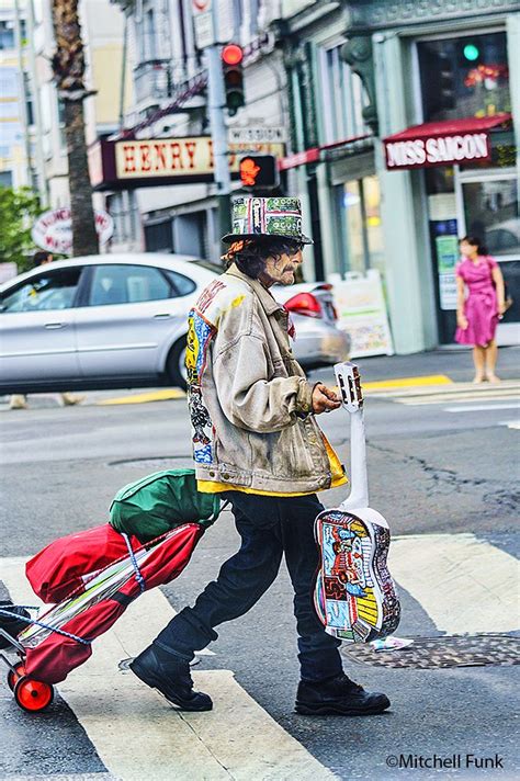 Man With Guitar In The Tenderloin San Francisco By Mitchell Funk