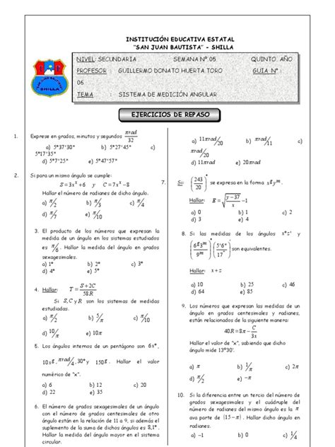 Guia Nº 06 Sistema De Medición Angular Ejercicios De Repaso Pi