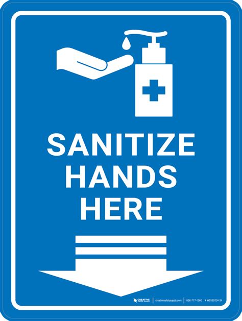 Sanitize Hands Here With Arrow Down Blue Portrait Wall Sign