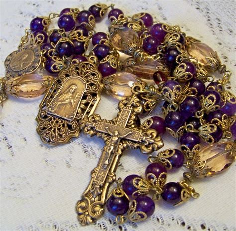 French Catholic Rosary Beads St Therese 8mm Amethyst Antique Bronze