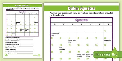 Days Of The Week Calendar Activity Indonesian Teacher Made