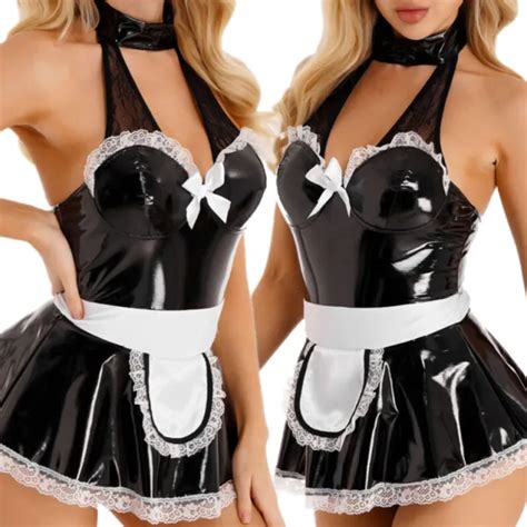 Sexy Womens Maid Role Play Cosplay Outfit Patent Leather Dress Costume
