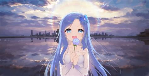 Desktop Wallpaper Cute Anime Girl Long Hair Blue Smile Hd Image