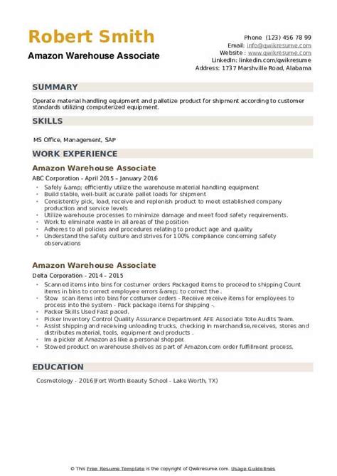 Amazon Warehouse Associate Resume Samples Qwikresume