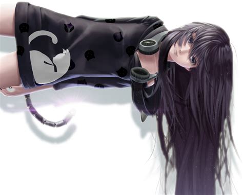 Black Eyes Black Hair Catgirl Cropped Dress Headphones Lepus Long Hair