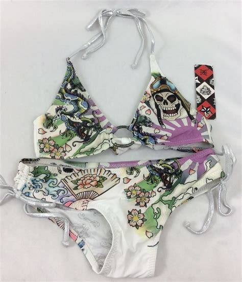 Ed Hardy Swimwear Womens Bikini Swimsuit White Geisha Skull Dragon Size S Ebay Bikinis