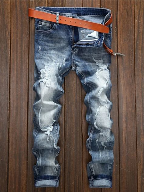 2018 New Holes And Cat S Whisker Design Straight Leg Jeans Ripped Jeans With Holes Destroy Wash