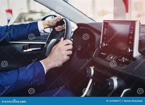 Male Hands On Steering Wheel Car Interior Stock Image Image Of