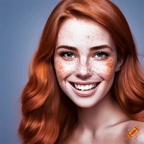 Portrait Of A Smiling Redhead Woman With Freckles