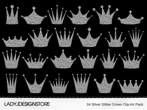 Silver Glitter Crown Clip Art Pack 24 Digital Clip Art Crowns