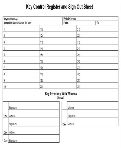 The Key Control Register And Sign Out Sheet Is Shown In This Image