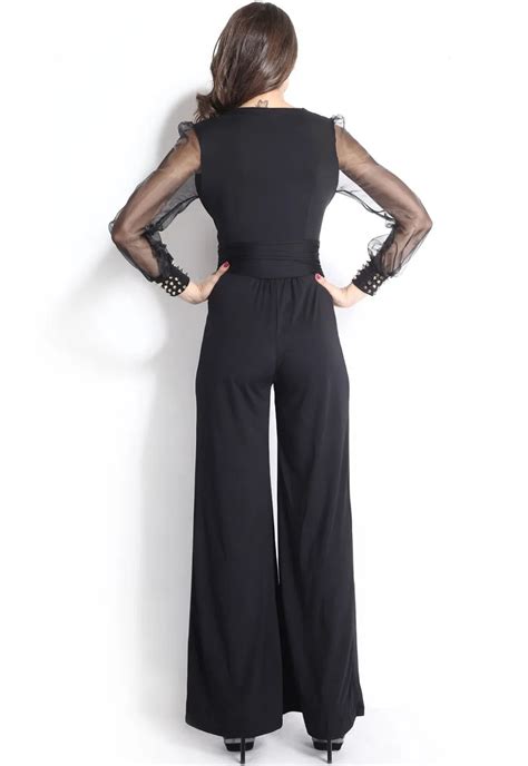 wide leg elegant jumpsuits black v neck embellish cuffs long mesh sleeves innerwear au