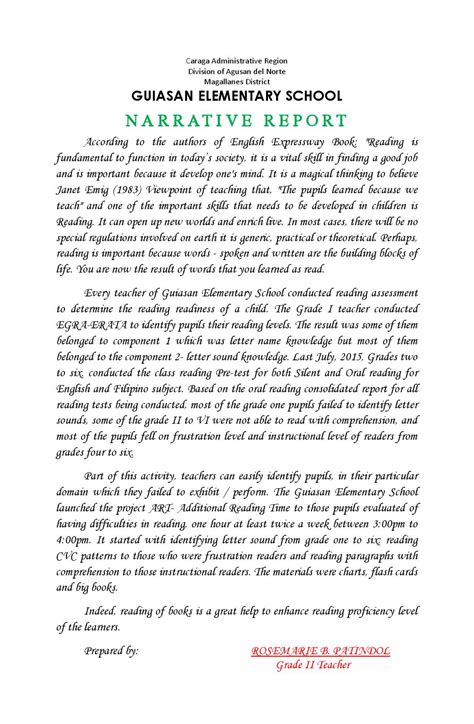 Narrative Report On Reading By Rosemarie Buyser Patindol Issuu