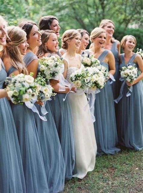 Spring Wedding Dusty Blue Bridesmaid Dresses And Blush Bouquets With