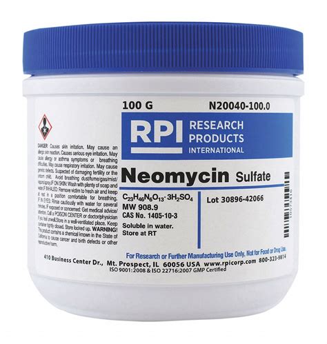 Rpi Neomycin Sulfate 100 G Powder 30tz63n20040 1000 Grainger