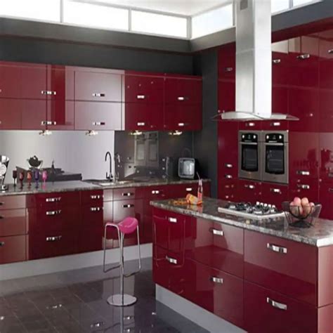 Luxury Wine Red High Gloss Central Island Shaped Plywood Kitchen