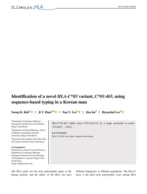 Identification Of A Novel Hla‐c03 Variant C03465 Using Sequence