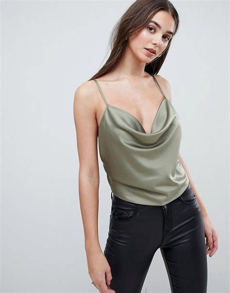 Asos Backless Cowl Neck Top Green Satin Top Outfit Cowl Neck Top