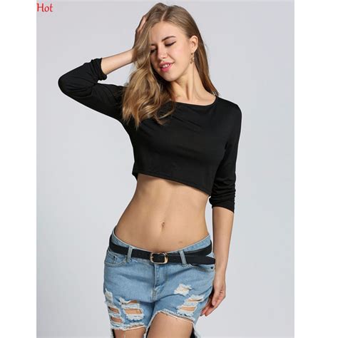 Hot Women Cropped T Shirt Casual Slim Fit Tshirt Long Sleeve Hot Sale