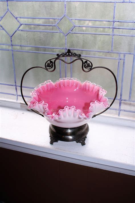 Victorian Pink Bride S Basket With Silverplate Stand Antique 1800s
