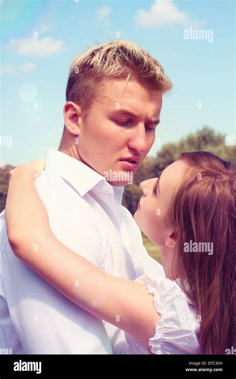 Set Beautiful Girl Embraces The Guy Happy Loving Young Couple Kissing