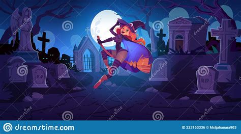 Bella Bruja En Escoba En El Cementerio Por La Noche Ilustración del Vector Ilustración de