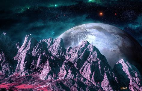 Wallpaper Space Stars Mountains Nebula Landscape Planet Art