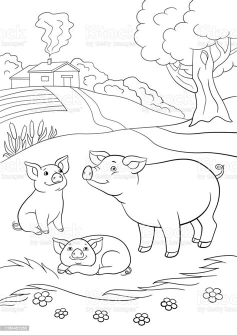 Coloring Pages Mother Pig With Her Two Little Cute Piglets Stock