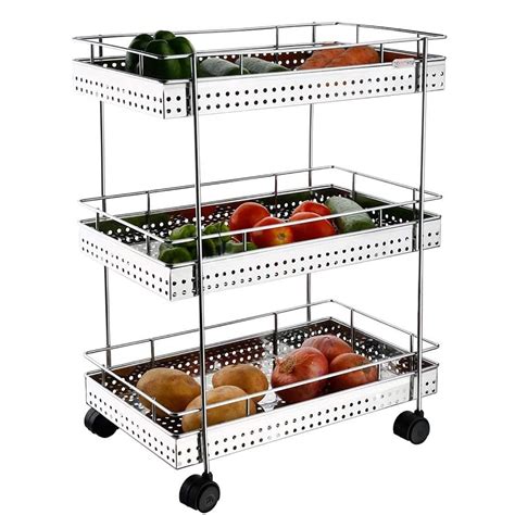 Diruno Perforated Stainless Steel Kitchen Trolley With Wheels For Fruit