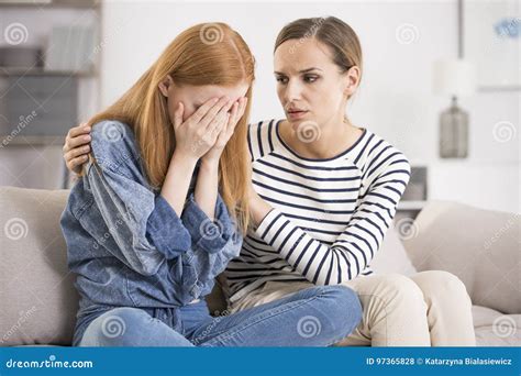 Depressed Woman Comforted By Friend Stock Photo Image Of Listening