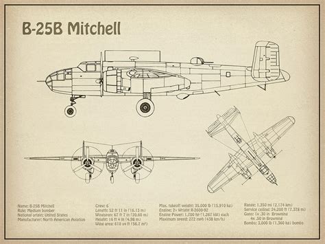 B 25b Mitchel Doolittle Airplane Blueprint Drawing Plans Outline For