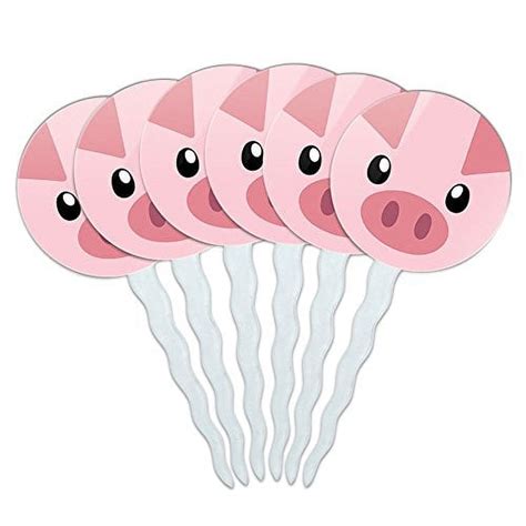 Set Of 6 Cupcake Picks Toppers Decoration Animals Pig Face Farm