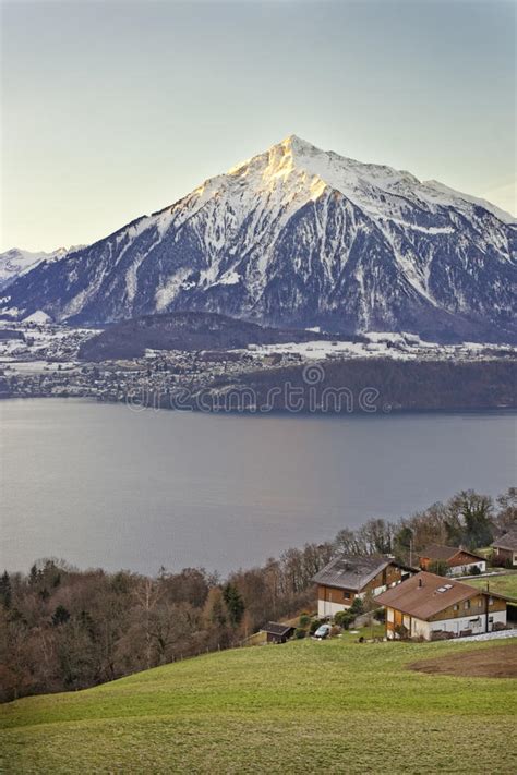 Panoramic View Of Swiss Mountain Near The Thun Lake In Winter Stock