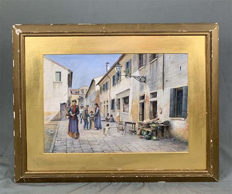 19th Century Italian Watercolour Painting Street Scene In Veneto